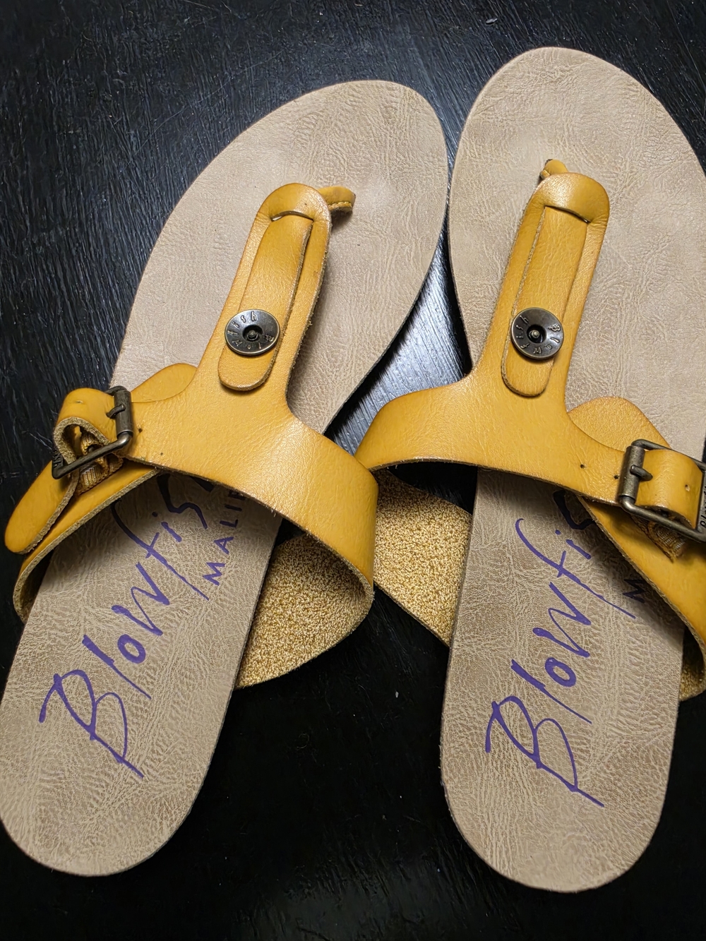 Blowfish Mustard Yellow Leather Toe-Post Slide Sandals
